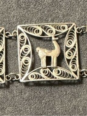 Vintage Mid-Century Peruvian Filigree Panel Link Bracelet Sterling Silver 7”Long